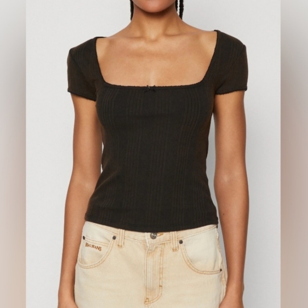 Urban Outfitters BDG Black Ribbed Square Neck Top Tee NEW S